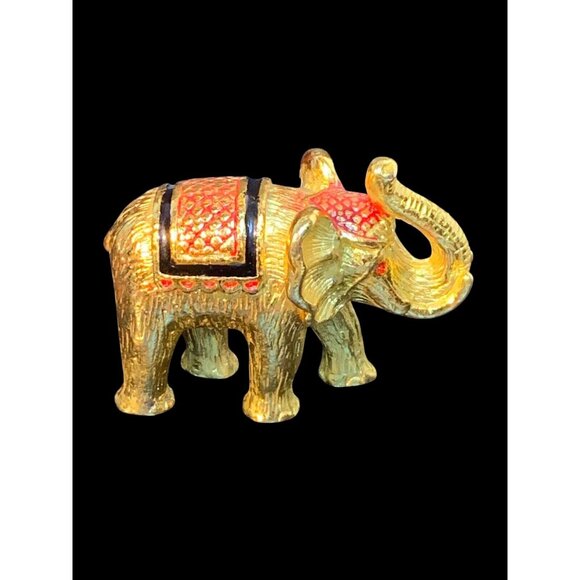 Vintage Heavy Gold Tone Elephant Figurine With Red Rhinestone Eyes (1003) - Picture 4 of 9